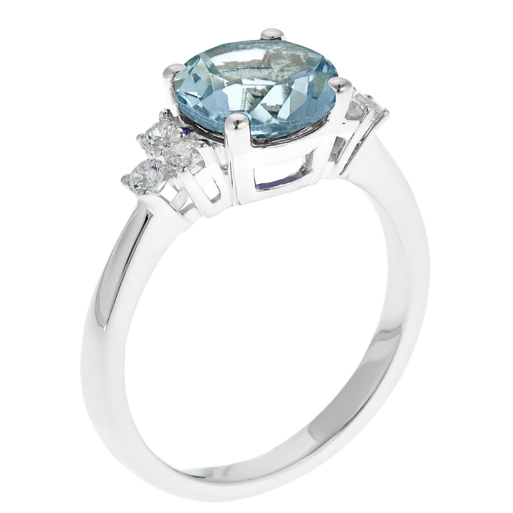 New York City Diamond District 14k white gold 8mm round aquamarine with 1/5 cttw diamond cluster ring