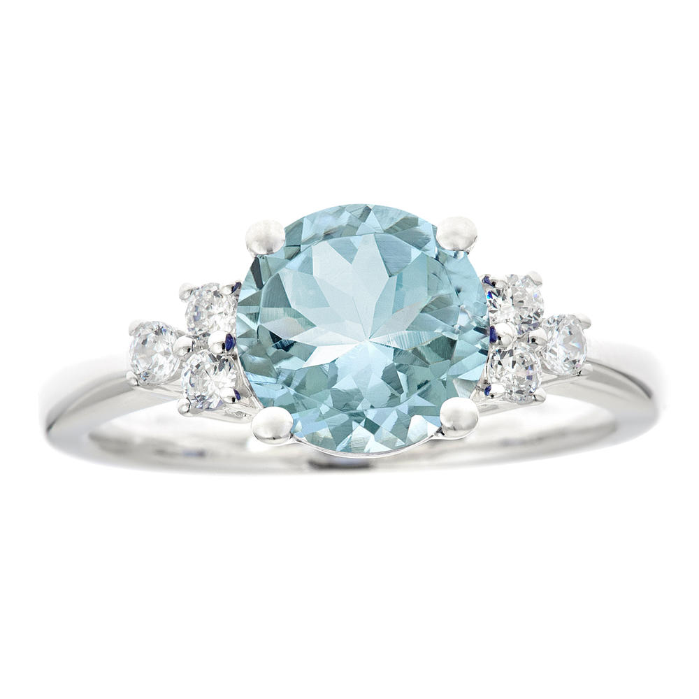 New York City Diamond District 14k white gold 8mm round aquamarine with 1/5 cttw diamond cluster ring
