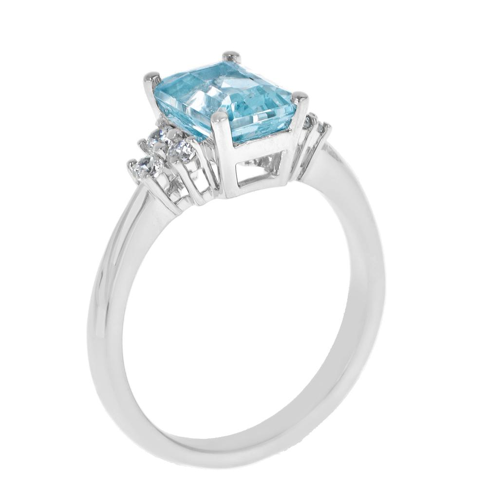 New York City Diamond District 14k white gold 8x6mm emerald cut aquamarine with 1/5 cttw diamond cluster ring