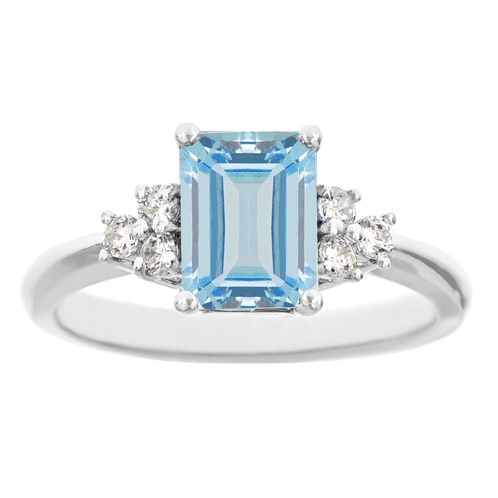 New York City Diamond District 14k white gold 8x6mm emerald cut aquamarine with 1/5 cttw diamond cluster ring
