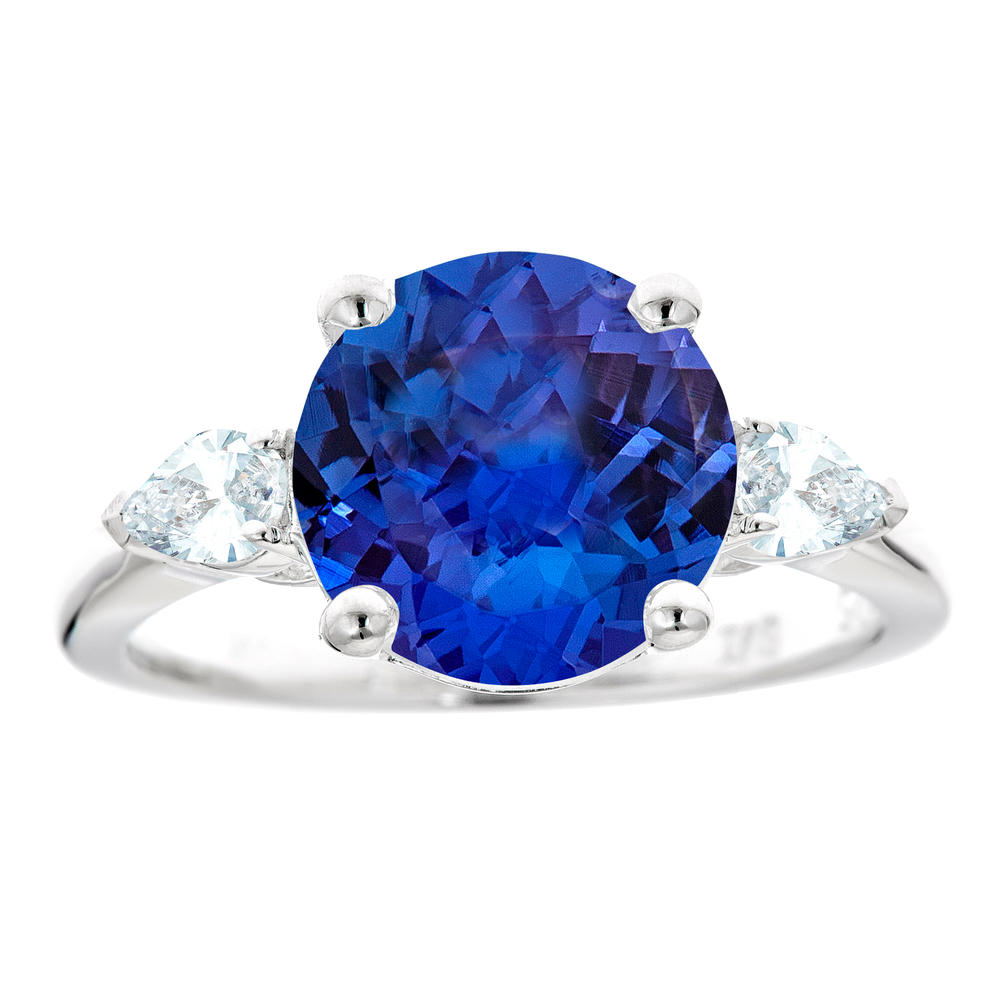 New York City Diamond District 14k white gold 10mm round tanzanite with 1/3 cttw pear shaped diamond ring