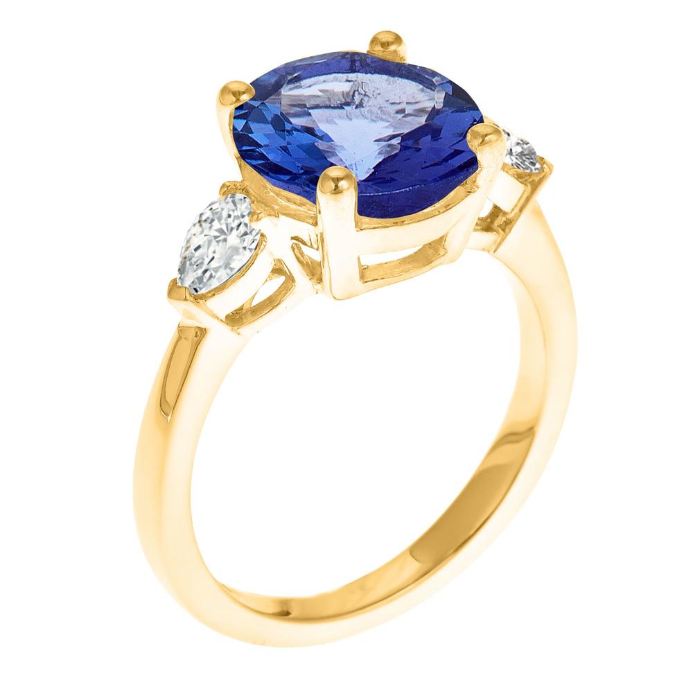 New York City Diamond District 14k yellow gold 10mm round tanzanite with 1/3 cttw pear shaped diamond ring