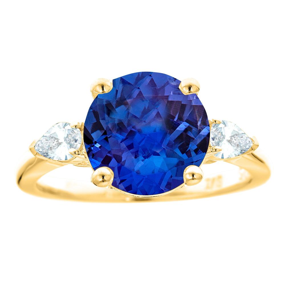 New York City Diamond District 14k yellow gold 10mm round tanzanite with 1/3 cttw pear shaped diamond ring