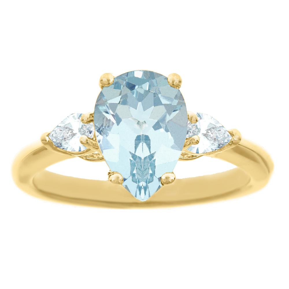 New York City Diamond District 14k yellow gold 10x7mm pear shaped aquamarine with 1/3 cttw diamond ring