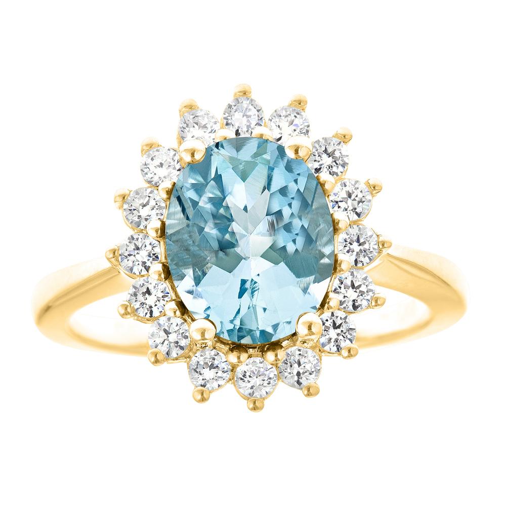 New York City Diamond District 14k yellow gold 10x8mm oval aquamarine with 1/2 cttw diamond halo ring