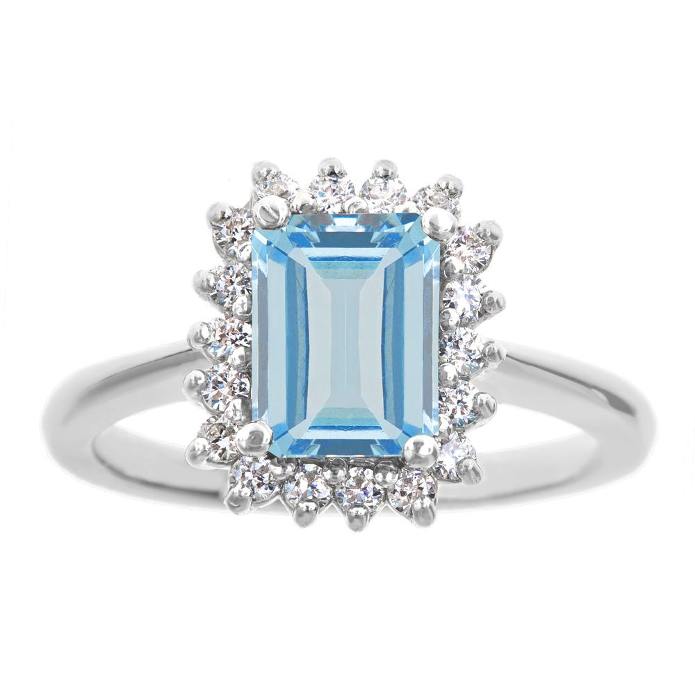 New York City Diamond District 14k white gold 8x6mm emerald cut aquamarine with 1/5 cttw diamond halo ring