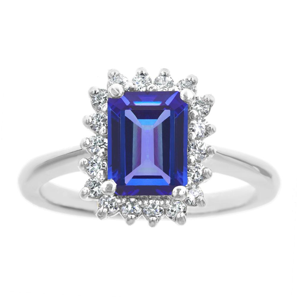New York City Diamond District 14k white gold 8x6mm emerald cut tanzanite with 1/5 cttw diamond halo ring