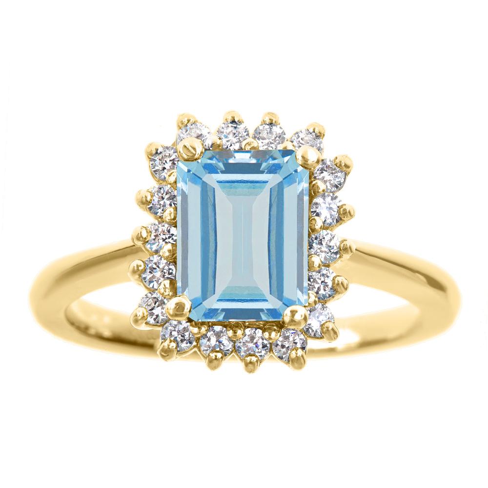 New York City Diamond District 14k yellow gold 8x6mm emerald cut aquamarine with 1/5 cttw diamond halo ring