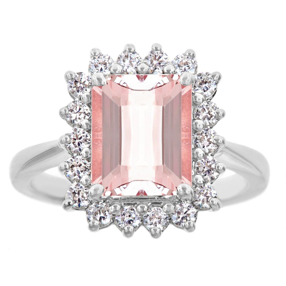 New York City Diamond District 14k white gold 10x8mm emerald cut morganite with 1/2 cttw diamond halo ring