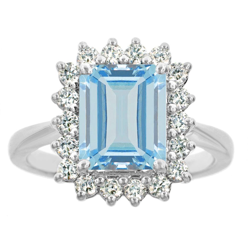 New York City Diamond District 14k white gold 10x8mm emerald cut aquamarine with 1/2 cttw diamond halo ring