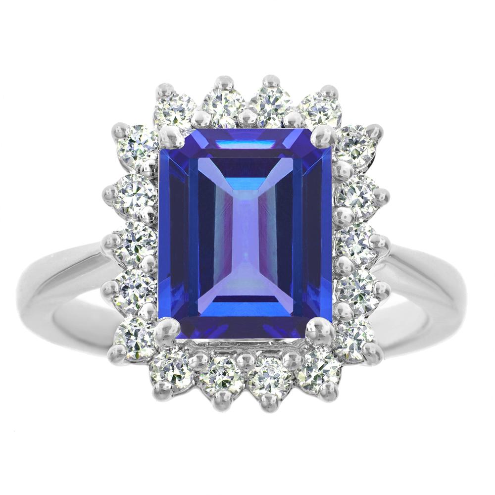 New York City Diamond District 14k white gold 10x8mm emerald cut tanzanite with 1/2 cttw diamond halo ring