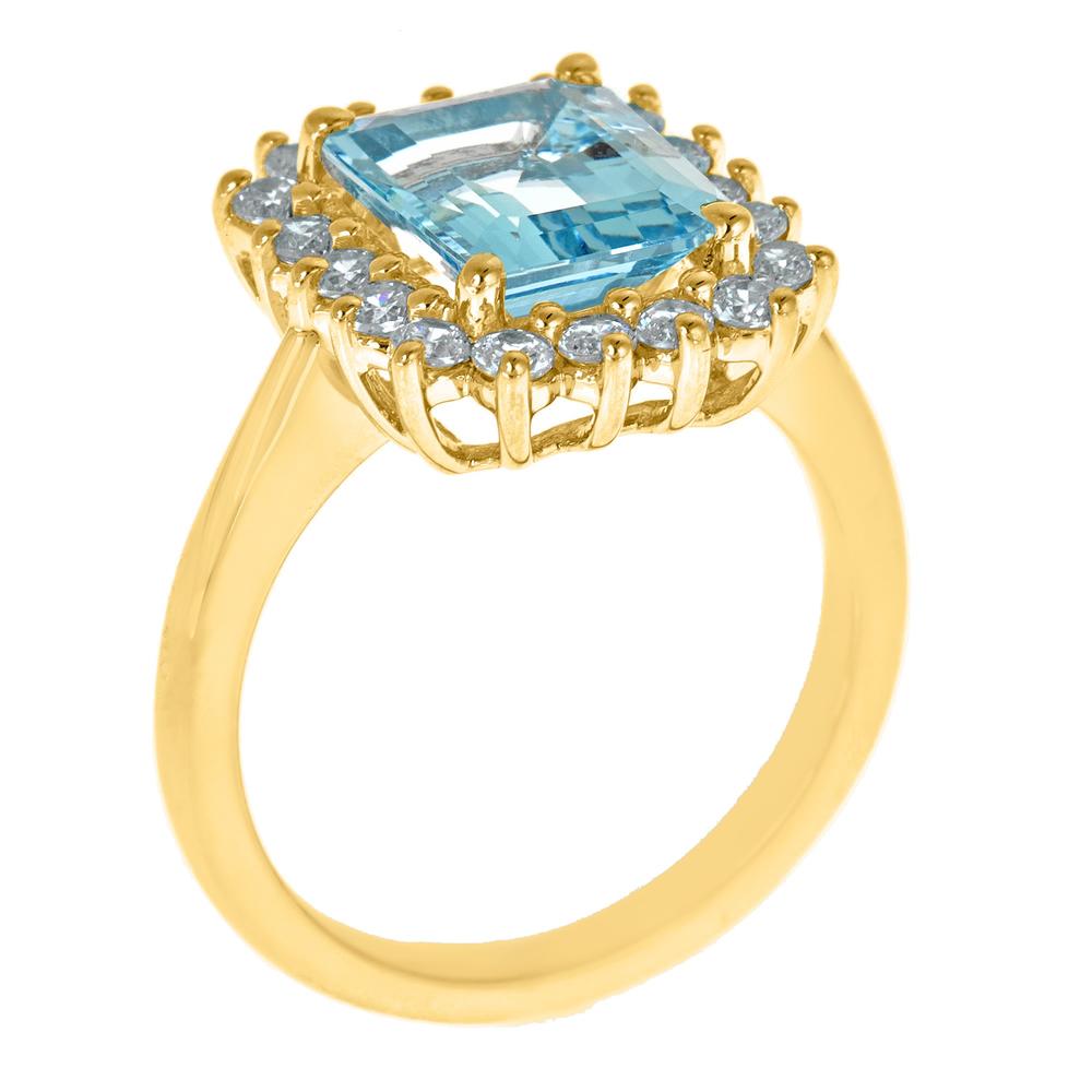 New York City Diamond District 14k yellow gold 10x8mm emerald cut aquamarine with 1/2 cttw diamond halo ring