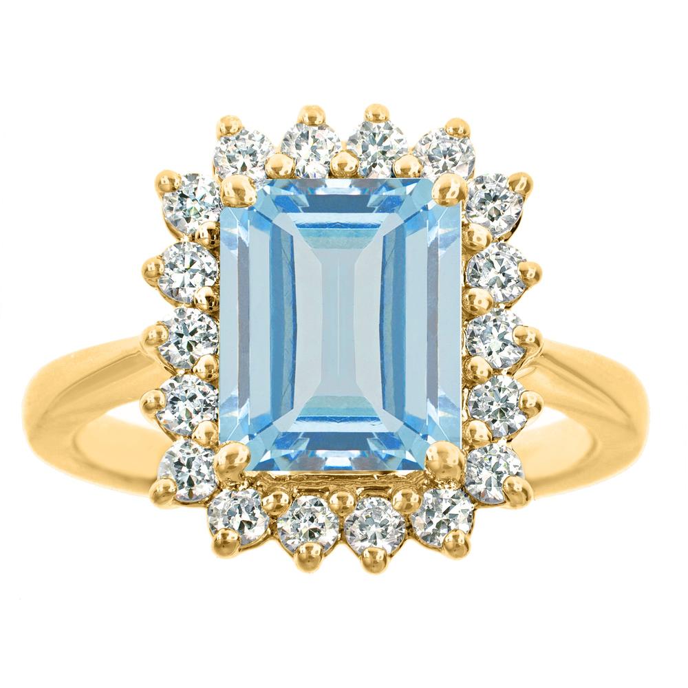 New York City Diamond District 14k yellow gold 10x8mm emerald cut aquamarine with 1/2 cttw diamond halo ring