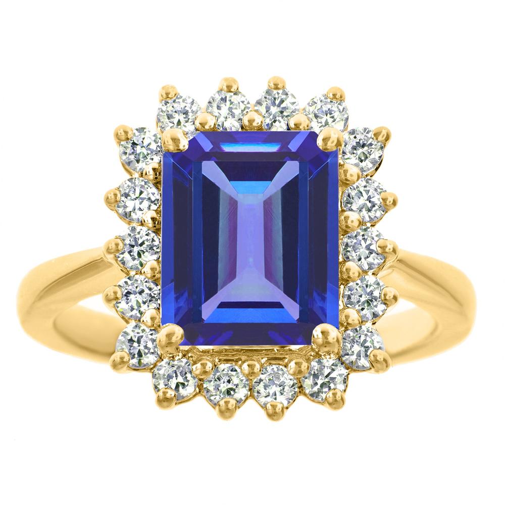 New York City Diamond District 14k yellow gold 10x8mm emerald cut tanzanite with 1/2 cttw diamond halo ring