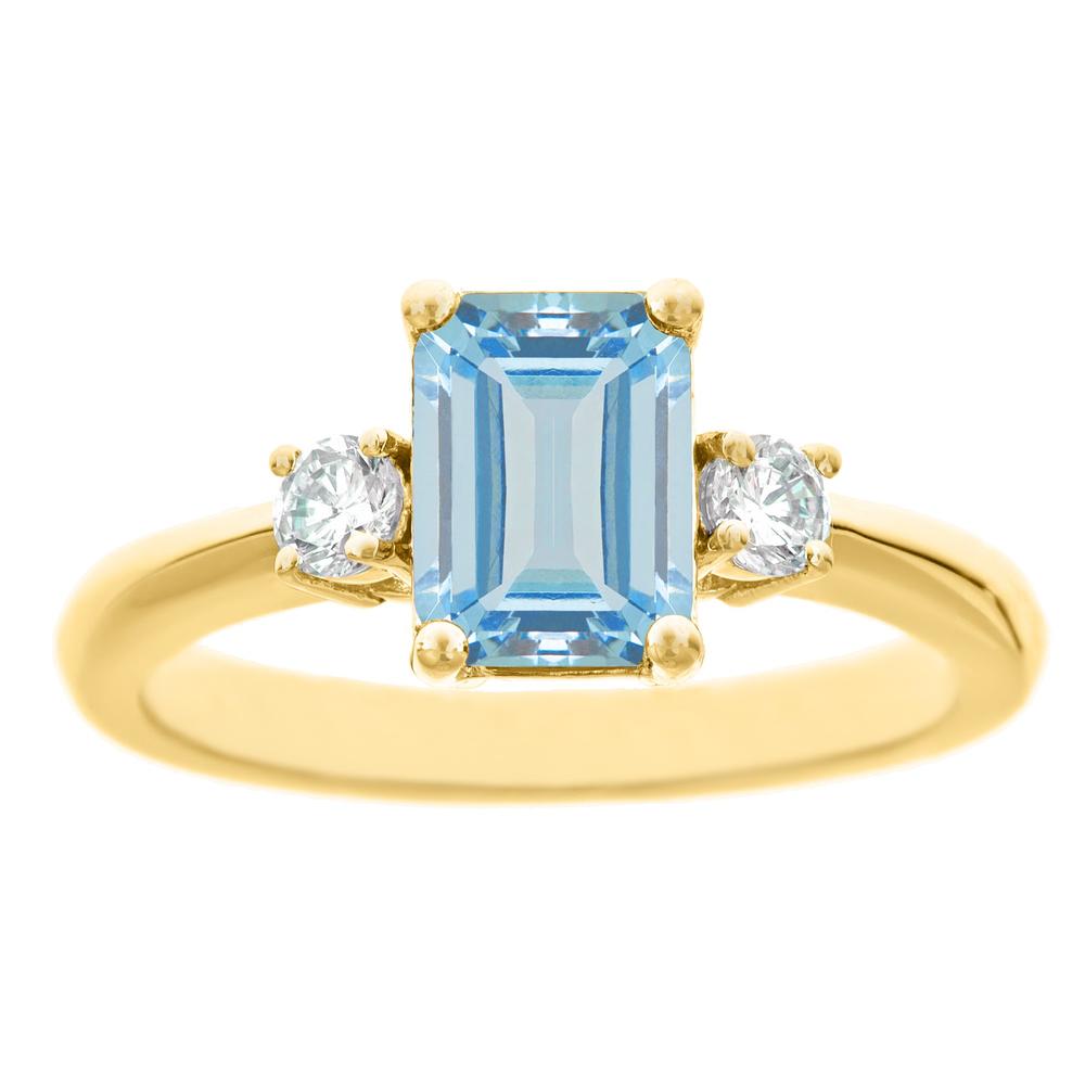 New York City Diamond District 14k yellow gold 8x6mm emerald cut aquamarine with 1/3 cttw diamond ring