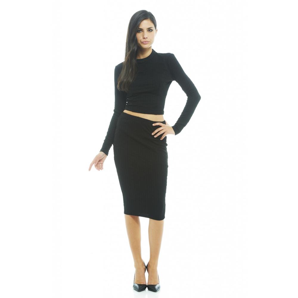 AX Paris Women's Knitted Textured Midi Black Skirt - Online Exclusive