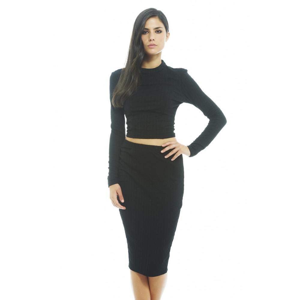 AX Paris Women's Knitted Textured Midi Black Skirt - Online Exclusive
