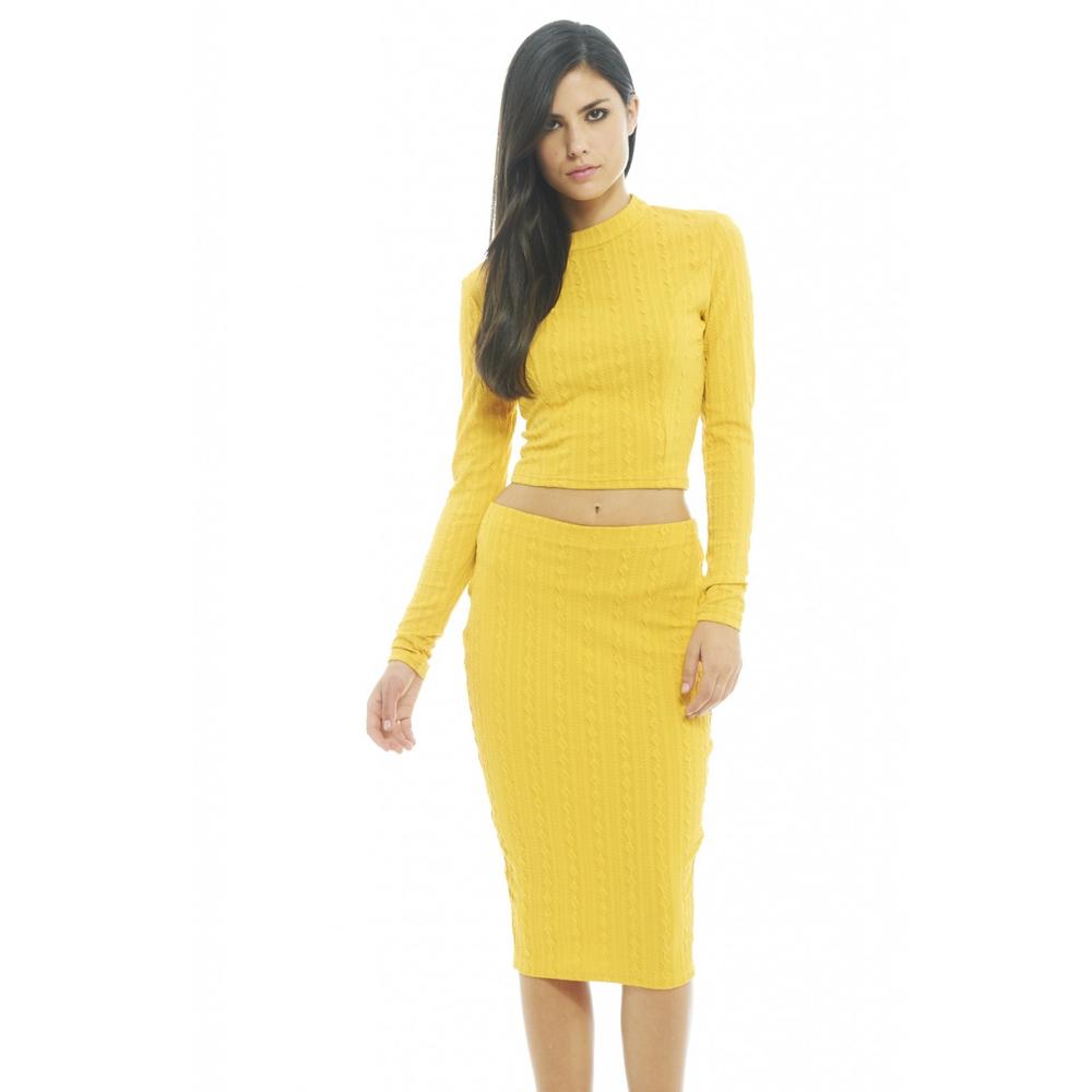 AX Paris Women's Knitted Textured Midi Mustard Skirt - Online Exclusive