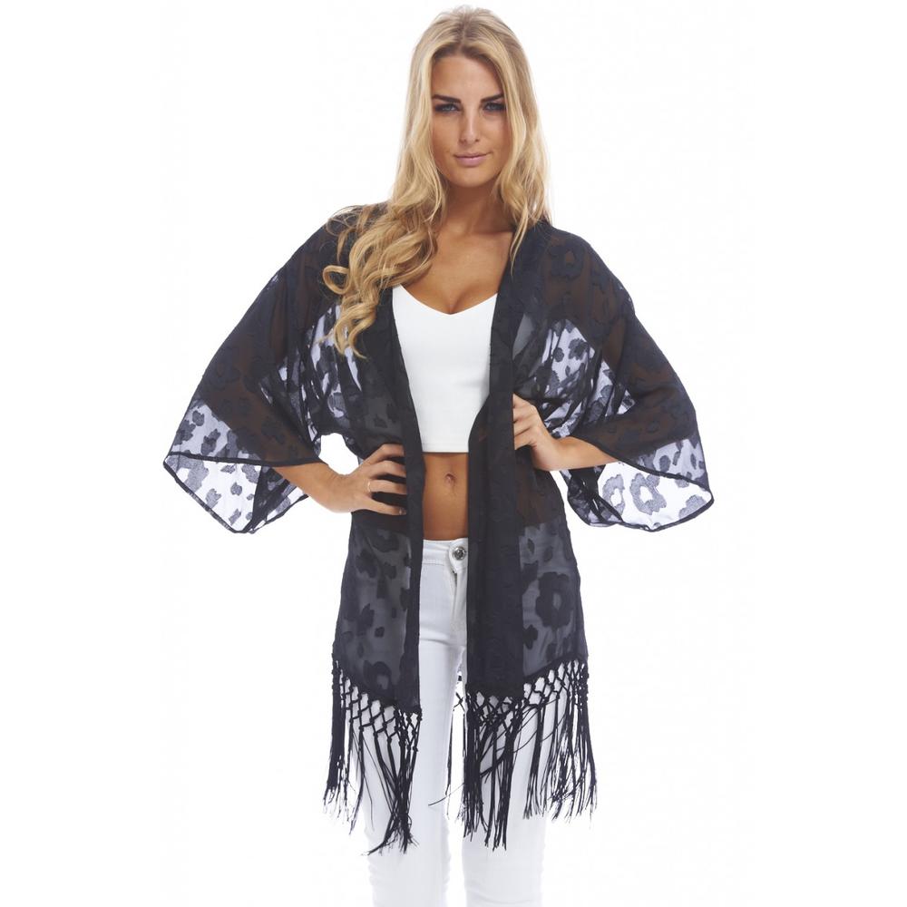 AX Paris Women's Long Burn Out Detail Chiffon Tassel Black Kimono - Online Exclusive