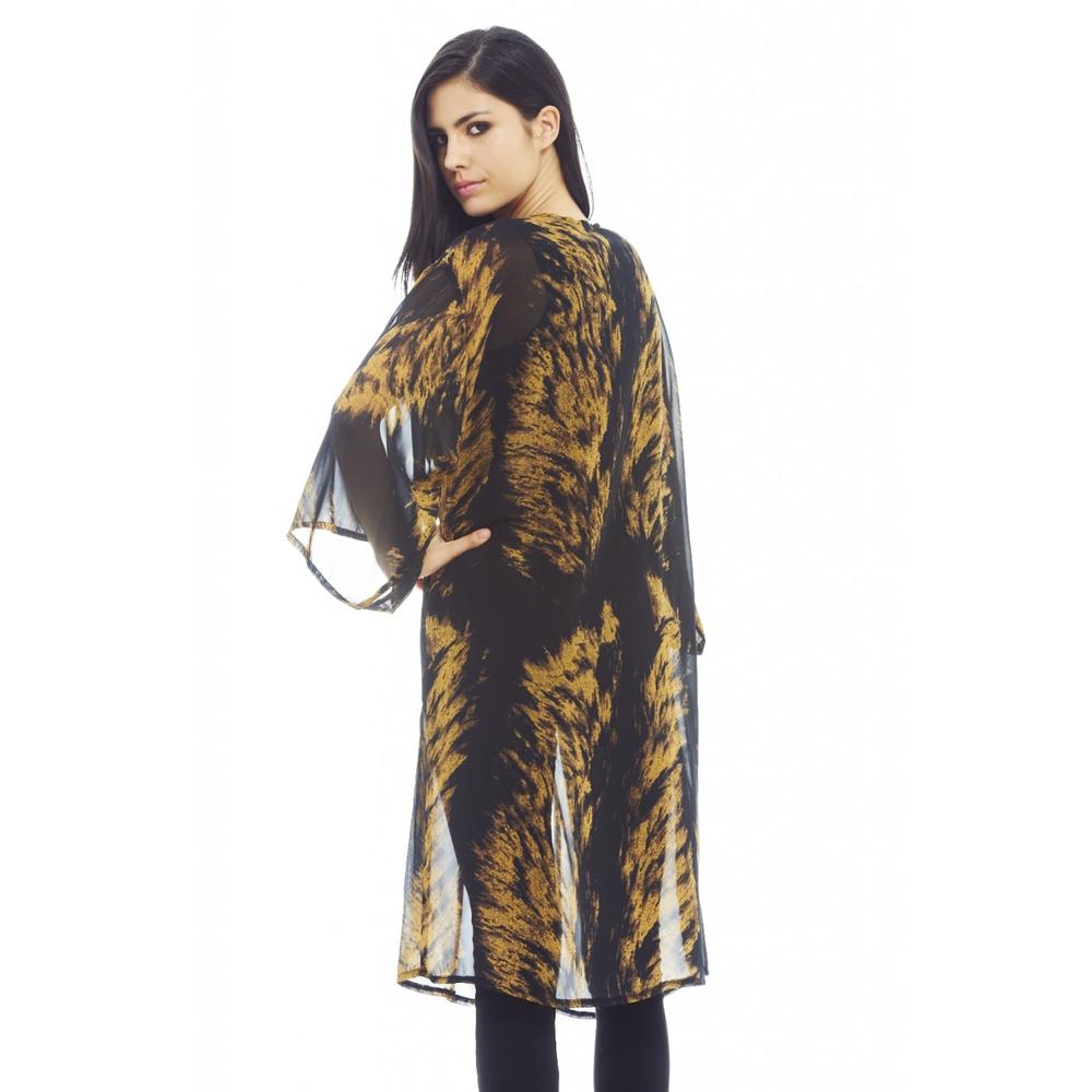 AX Paris Women's Tiger Printed Long Three Quarter Sleeve Printed Black Kimono - Online Exclusive