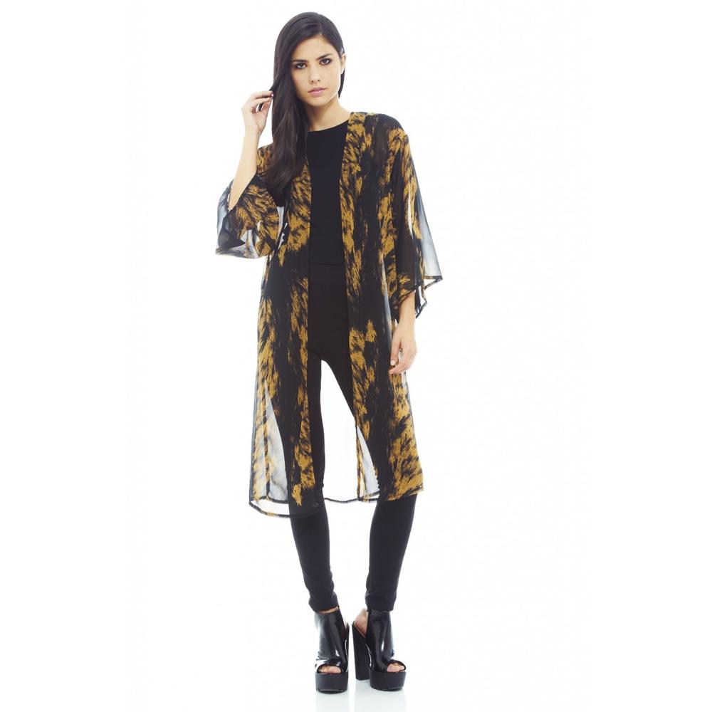 AX Paris Women's Tiger Printed Long Three Quarter Sleeve Printed Black Kimono - Online Exclusive