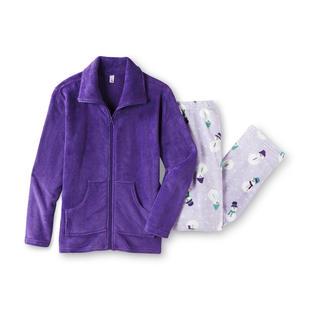 Pink K Women's Plush Lounge Jacket & Pajama Pants - Snowman Print