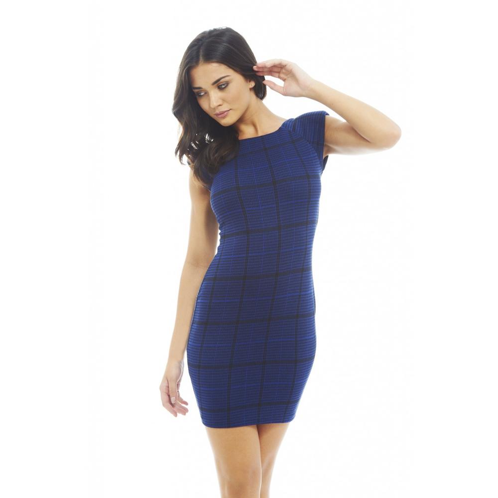 AX Paris Women's Checked Printed Bodycon Blue Dress - Online Exclusive