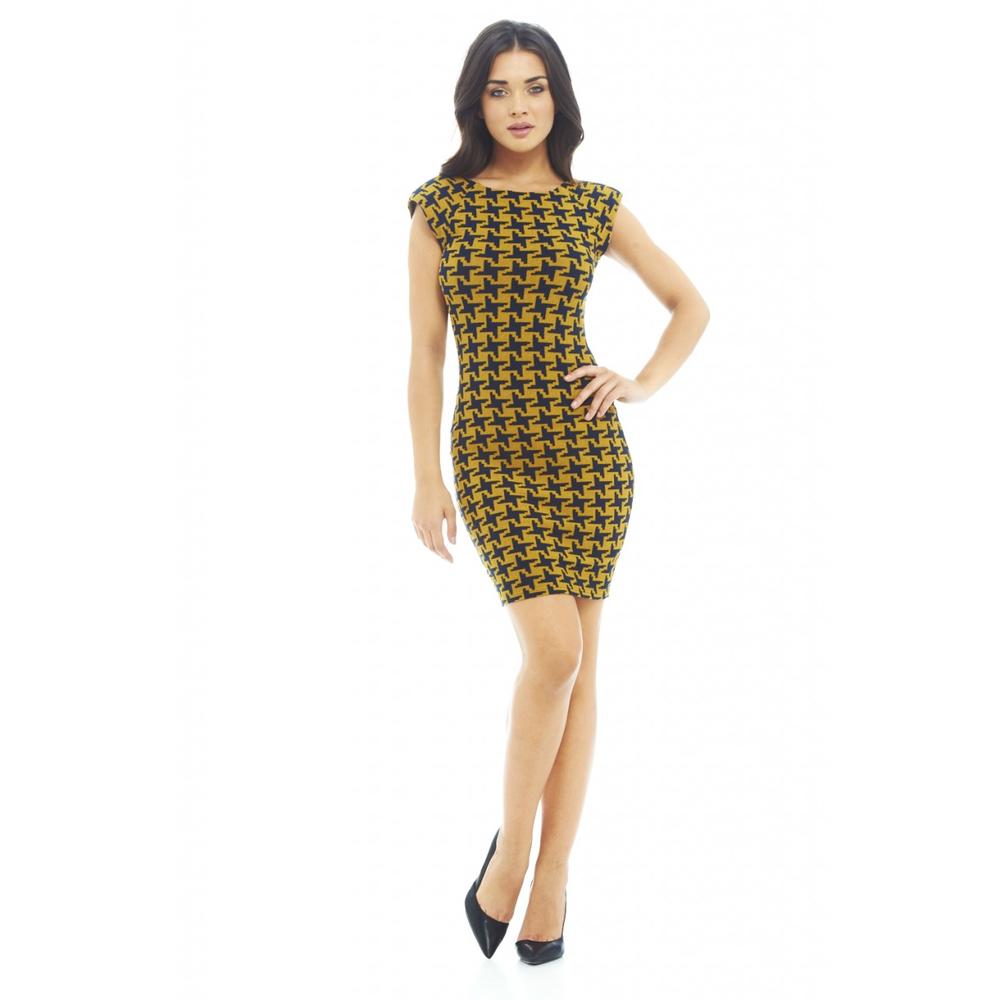 AX Paris Women's Funky Dogtooth Printed Mustard Bodycon - Online Exclusive