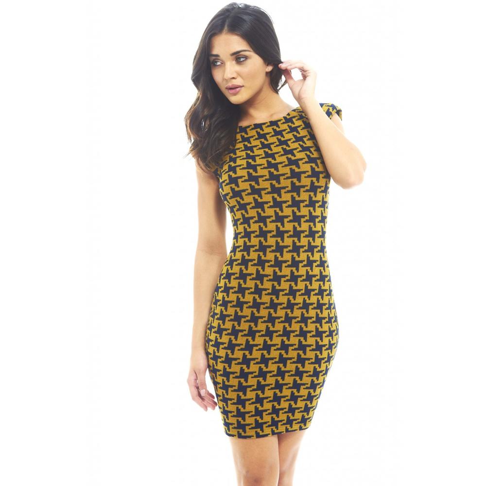 AX Paris Women's Funky Dogtooth Printed Mustard Bodycon - Online Exclusive