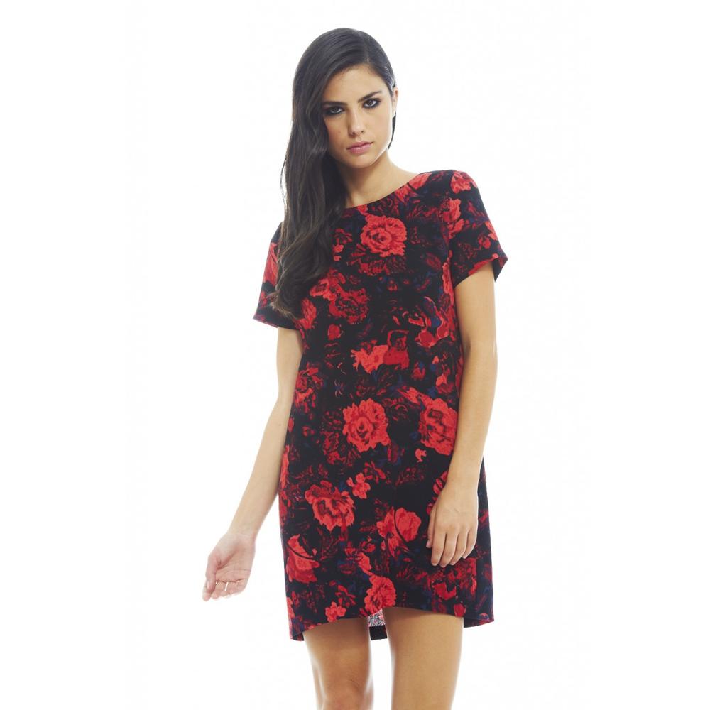 AX Paris Womens Rose Printed Smock Red Dress   Online Exclusive