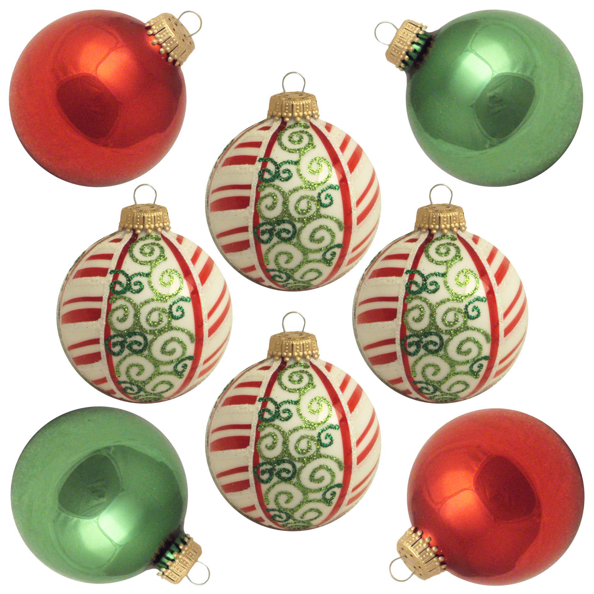 Christmas by Krebs Glass Christmas Ornaments- 8 ct. Green, Red, Christmas Swirl