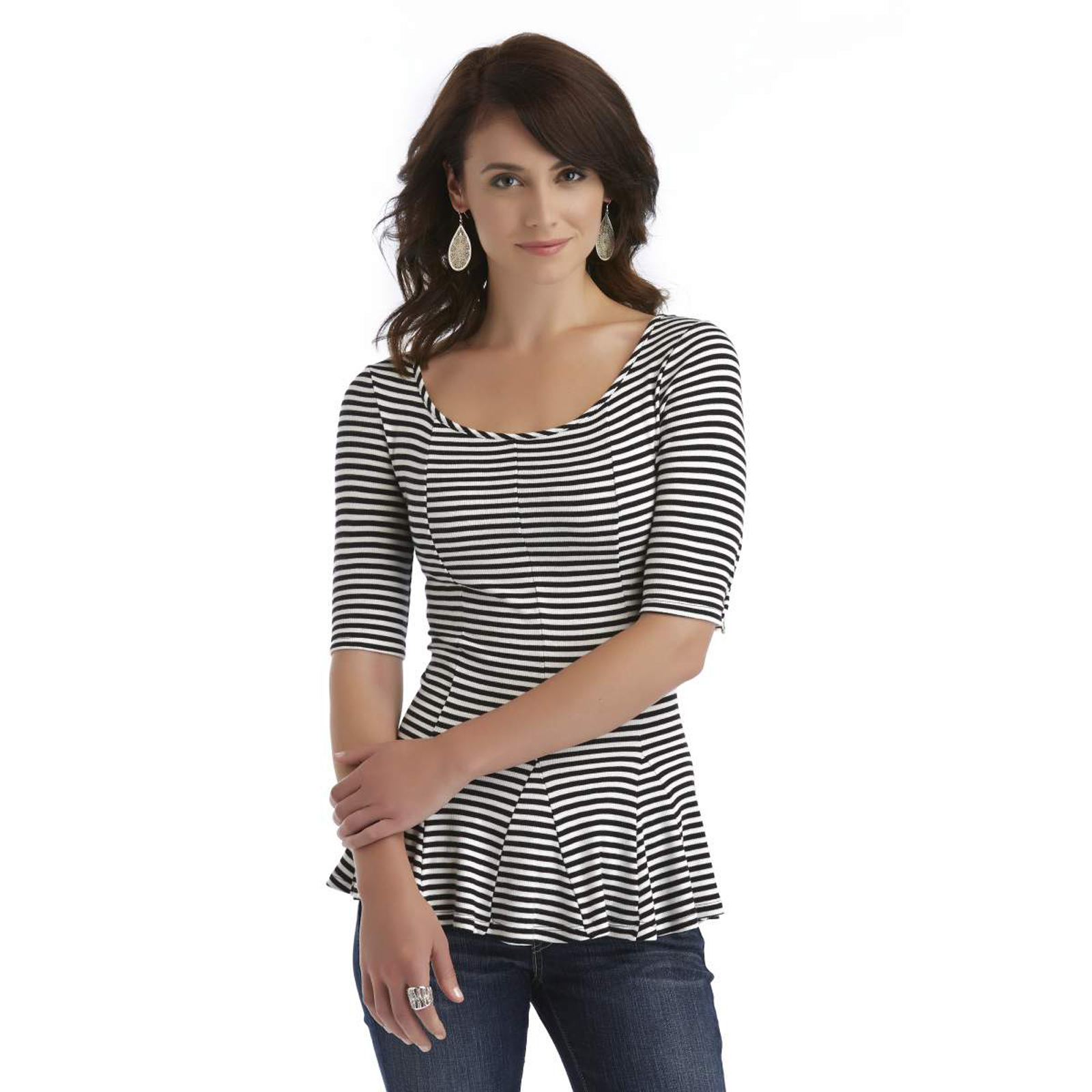 Elbow-Sleeve Striped Knit Top Pink