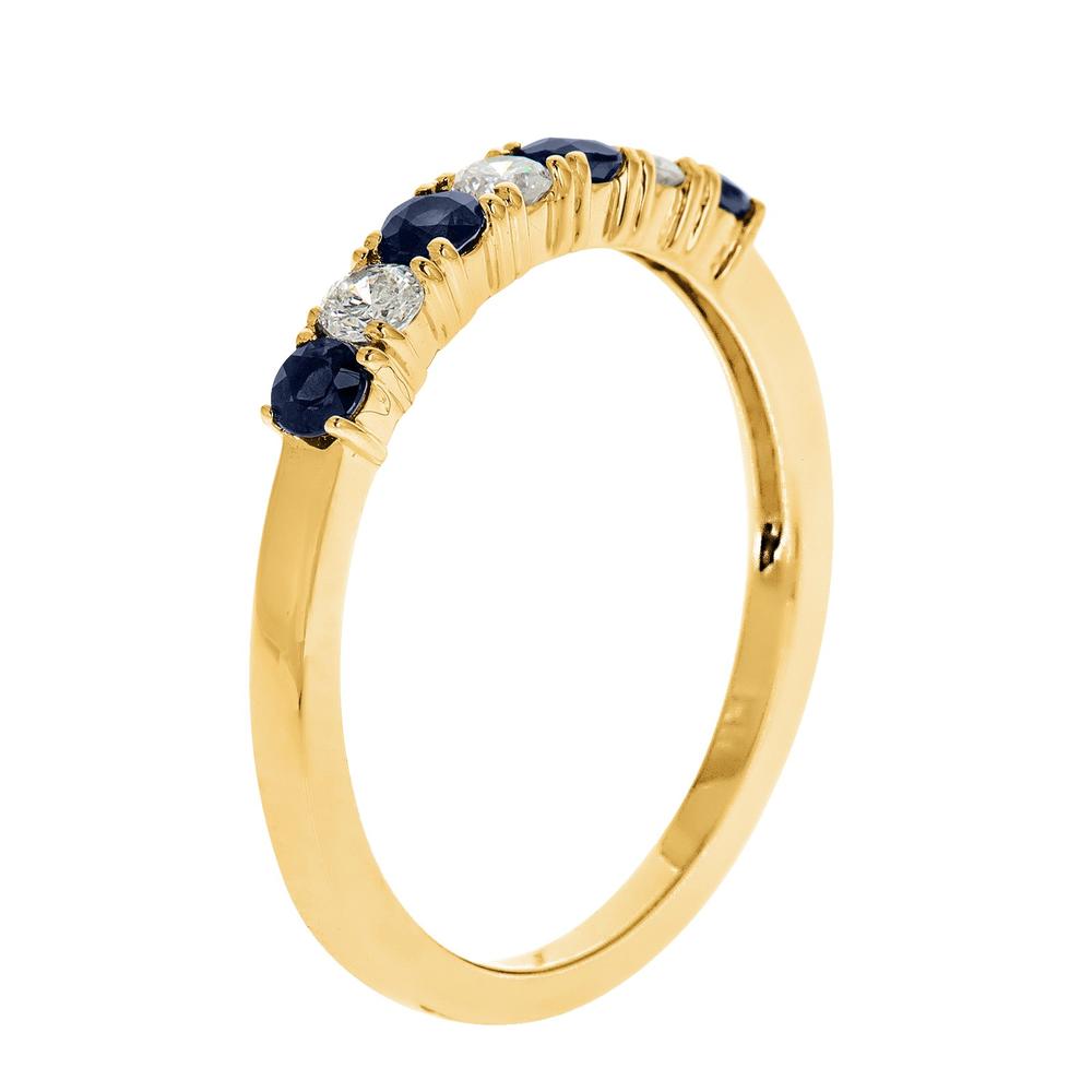 New York City Diamond District Ladies 14K Yellow Gold Genuine Blue Sapphire and 1/5 cttw. Diamond 7 Stone Band Ring