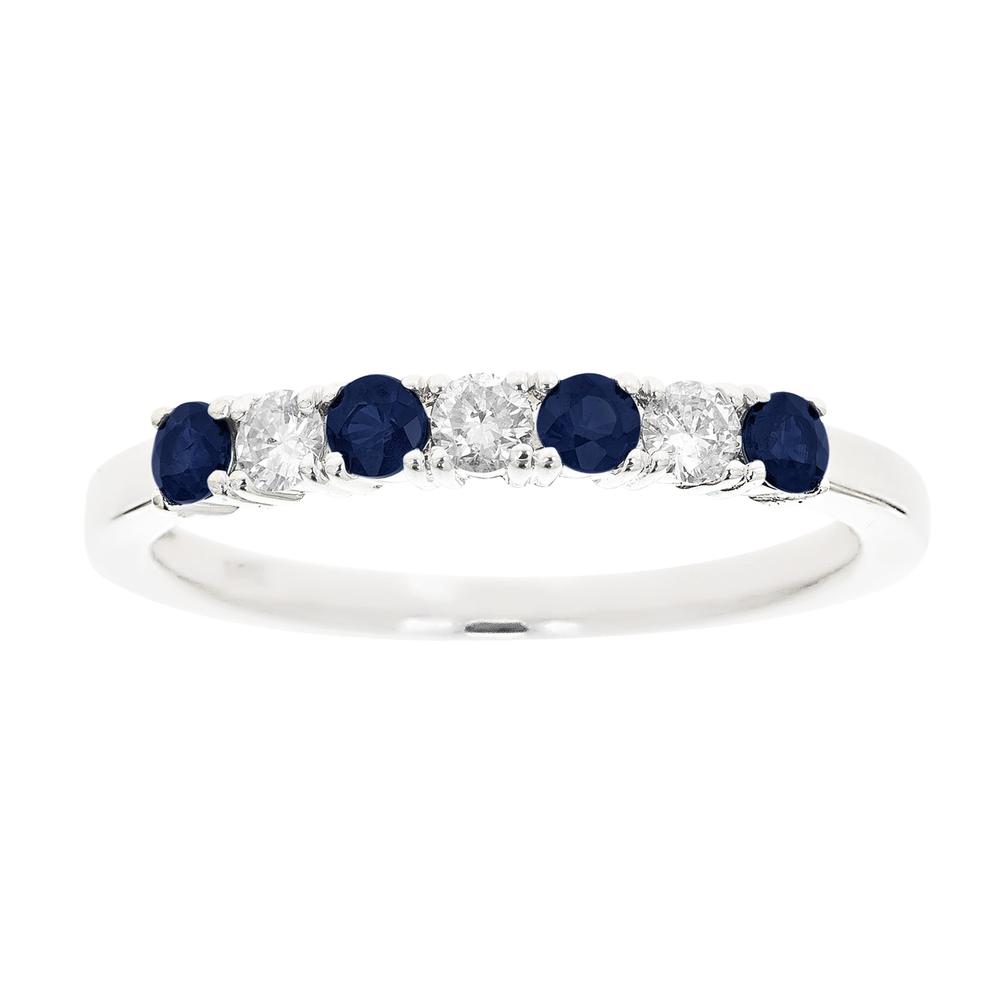 New York City Diamond District Ladies 14K White Gold Genuine Blue Sapphire and 1/5 cttw. Diamond 7 Stone Band Ring