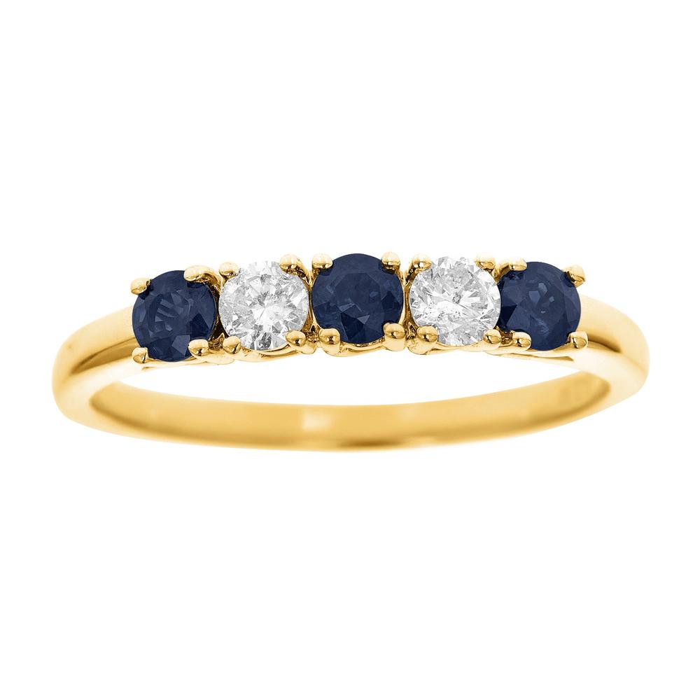 New York City Diamond District Ladies 14K Yellow Gold Genuine Blue Sapphire and 1/5 cttw Diamond 5 Stone Band Ring