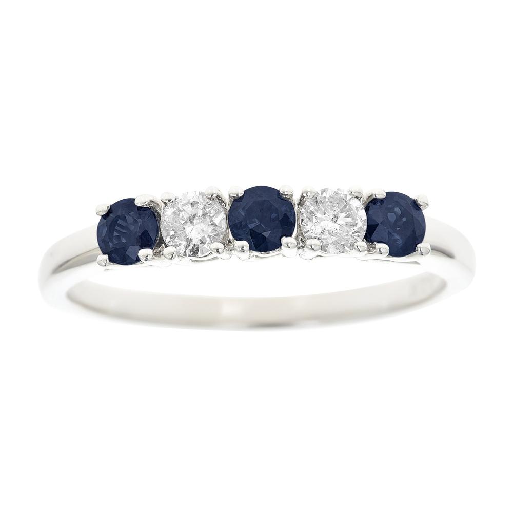 New York City Diamond District Ladies 14K White Gold Genuine Blue Sapphire and 1/5 cttw Diamond 5 Stone Band Ring