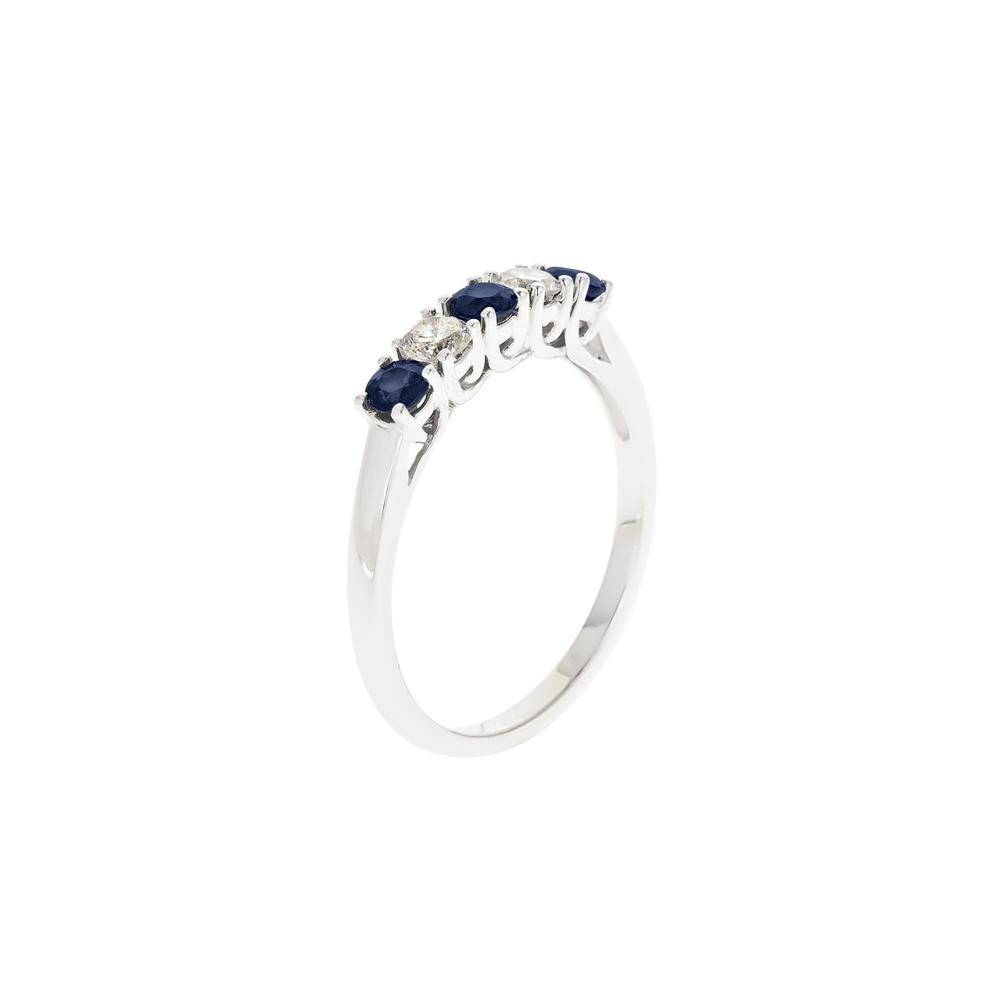 New York City Diamond District Ladies 14K White Gold Genuine Blue Sapphire and 1/5 cttw Diamond 5 Stone Band Ring