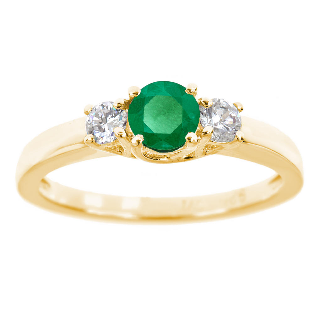 New York City Diamond District 14k yellow gold 5mm round emerald and 1/4 cttw diamond ring