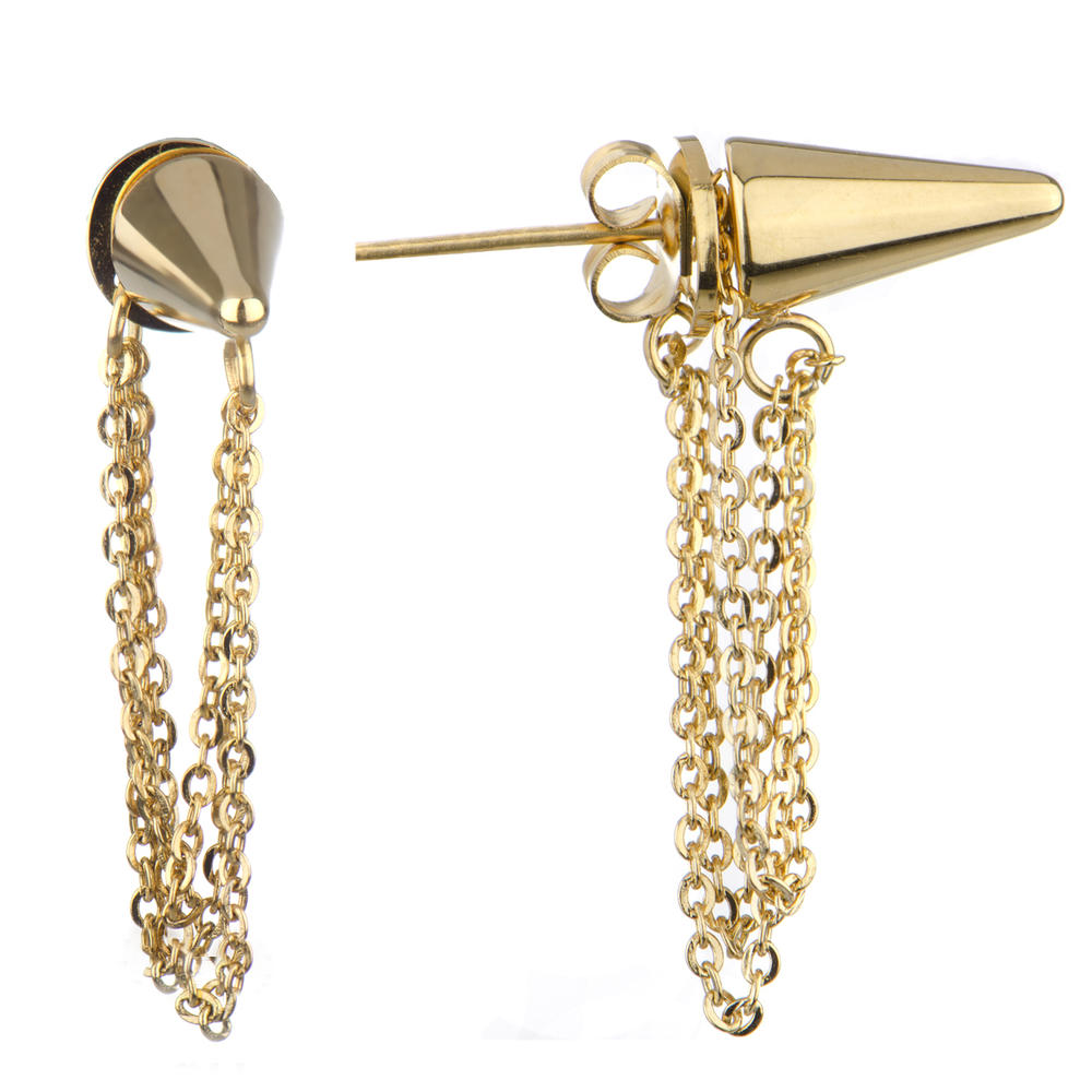 Emitations Gold Pyramid and Chain Stud Front Back Earrings