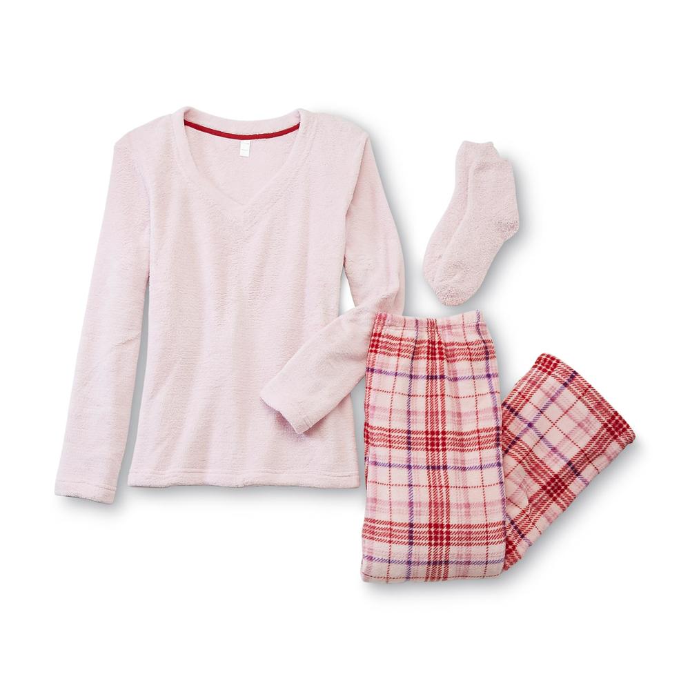 Pink K Women's Fleece Pajamas & Socks - Plaid