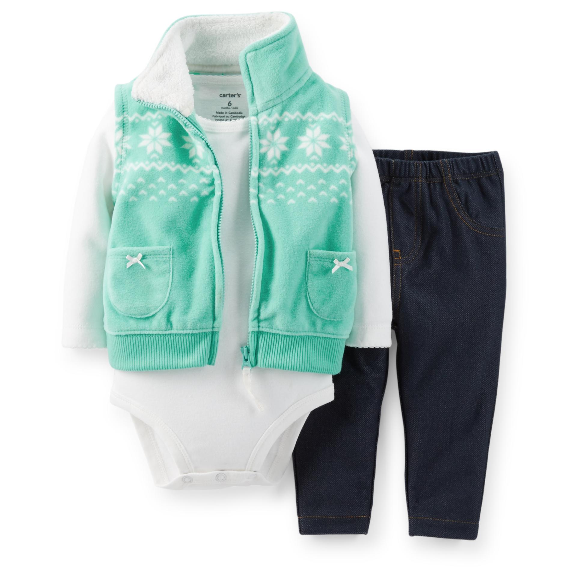 Carter's Newborn & Infant Girl's Fleece Vest  Bodysuit & Leggings - Fair Isle