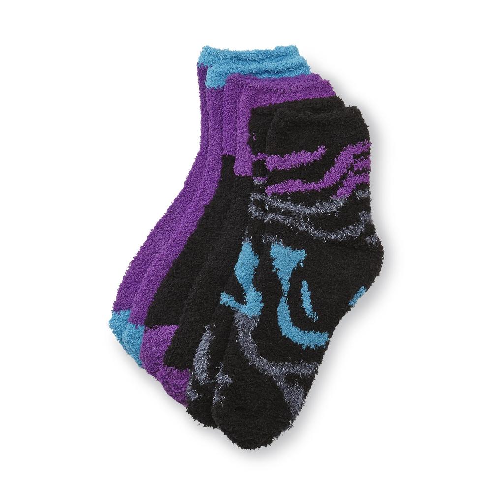 Joe Boxer Women's 3-Pack Plush Crew Socks - Solids & Zebra Stripe