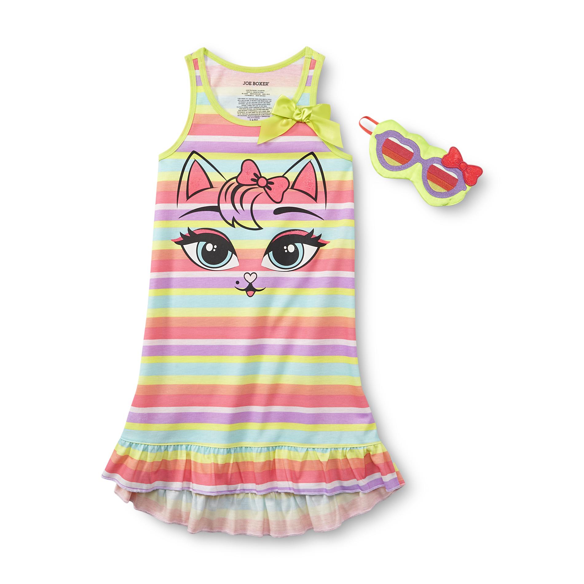 Joe Boxer Girl's Nightgown & Sleep Mask - Neon Striped Cat