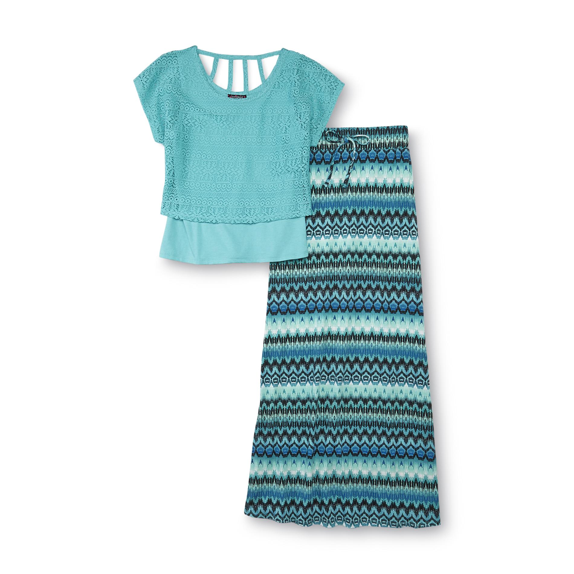 Tempted Apparel Girl's Layered Look Shirt & Maxi Skirt - Tribal Print