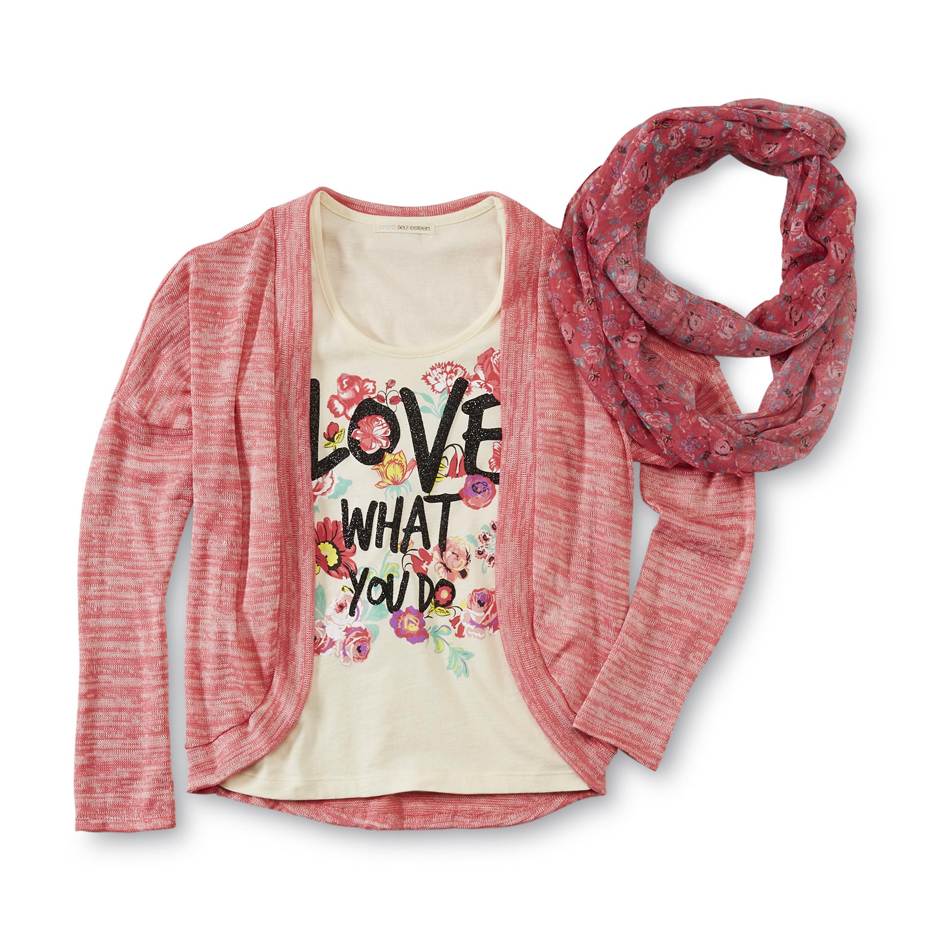 Self Esteem Girl's Graphic Tank Top  Cardigan & Infinity Scarf - Love What You Do