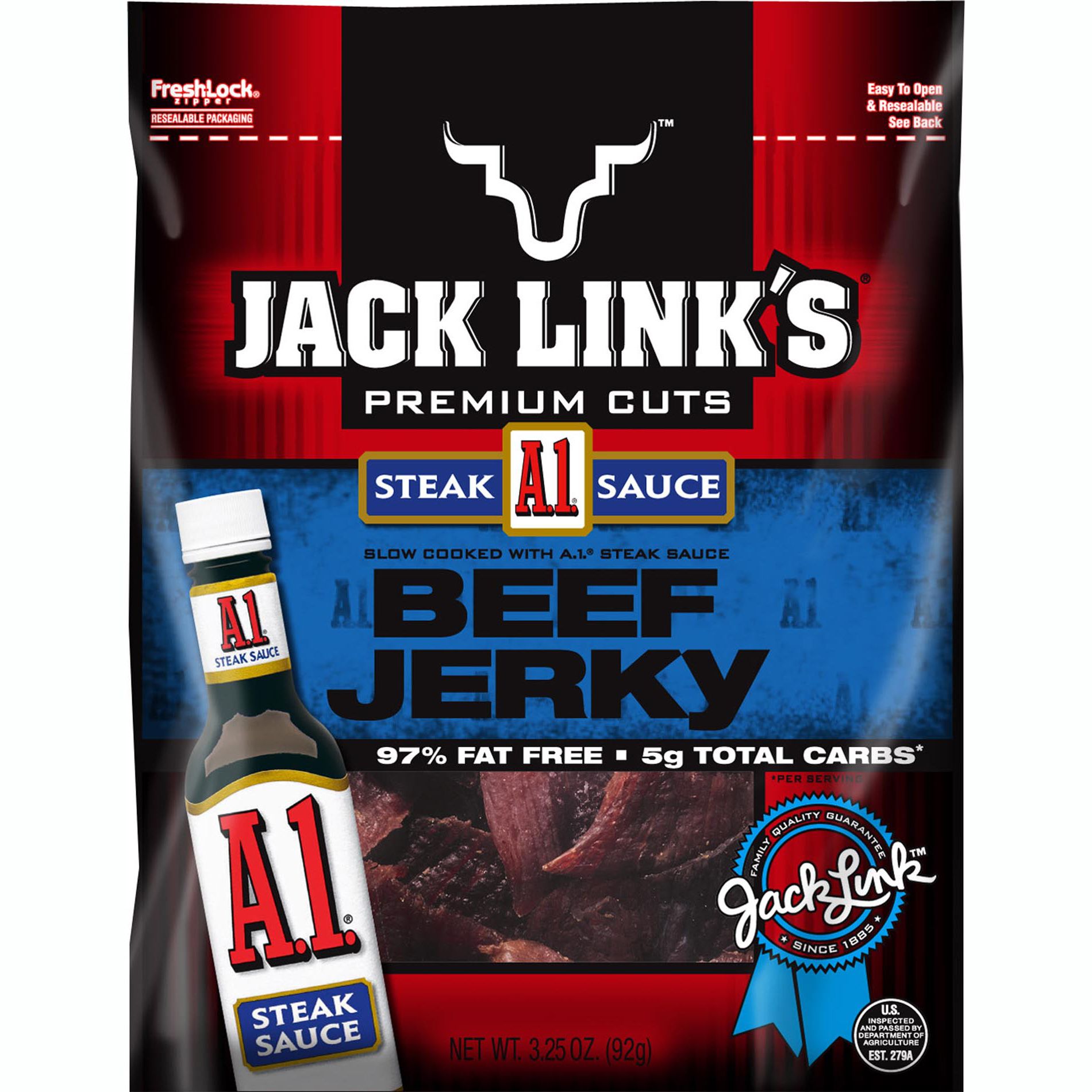 Jack Link's Premium Cuts A-1 Steak Sauce Beef Jerky 3.25 Ounce Resealable Bag