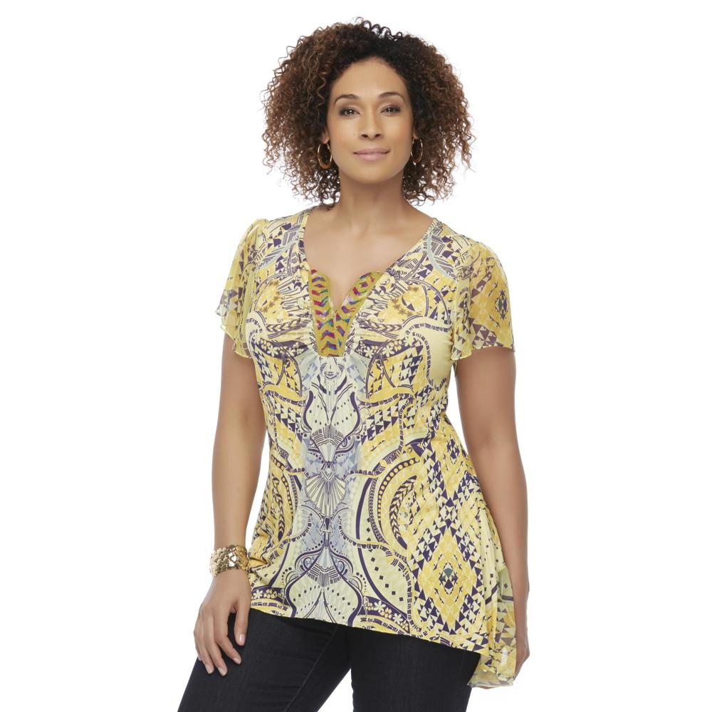 Live and Let Live Women's Plus Flutter Cap Sleeve Top - Scarf Print