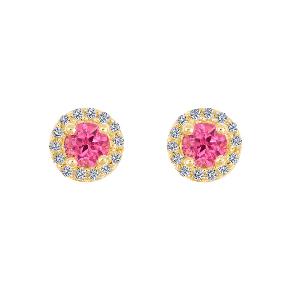 New York City Diamond District 14k gold 4mm round pink tourmaline with 1/8 cttw diamond halo earrings