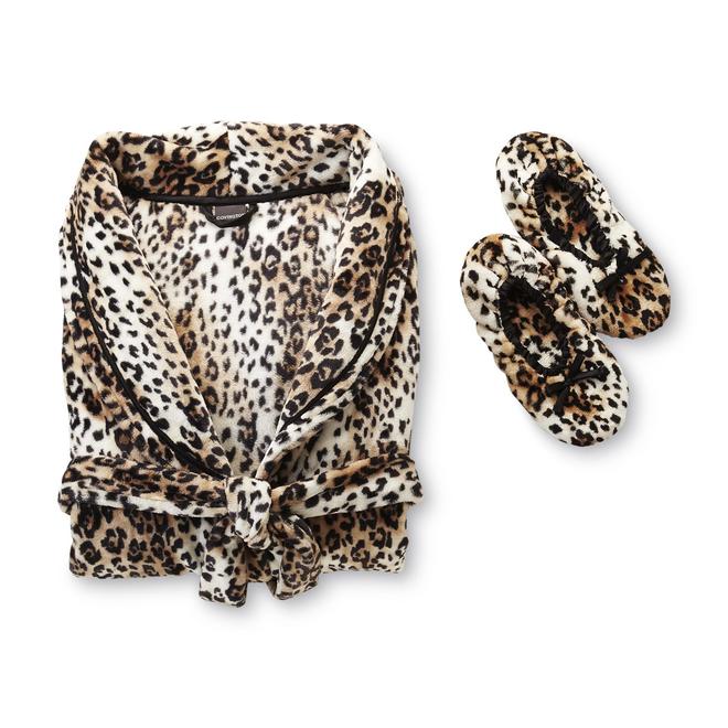 Covington Women's Plus Plush Bathrobe & Slippers Leopard Print