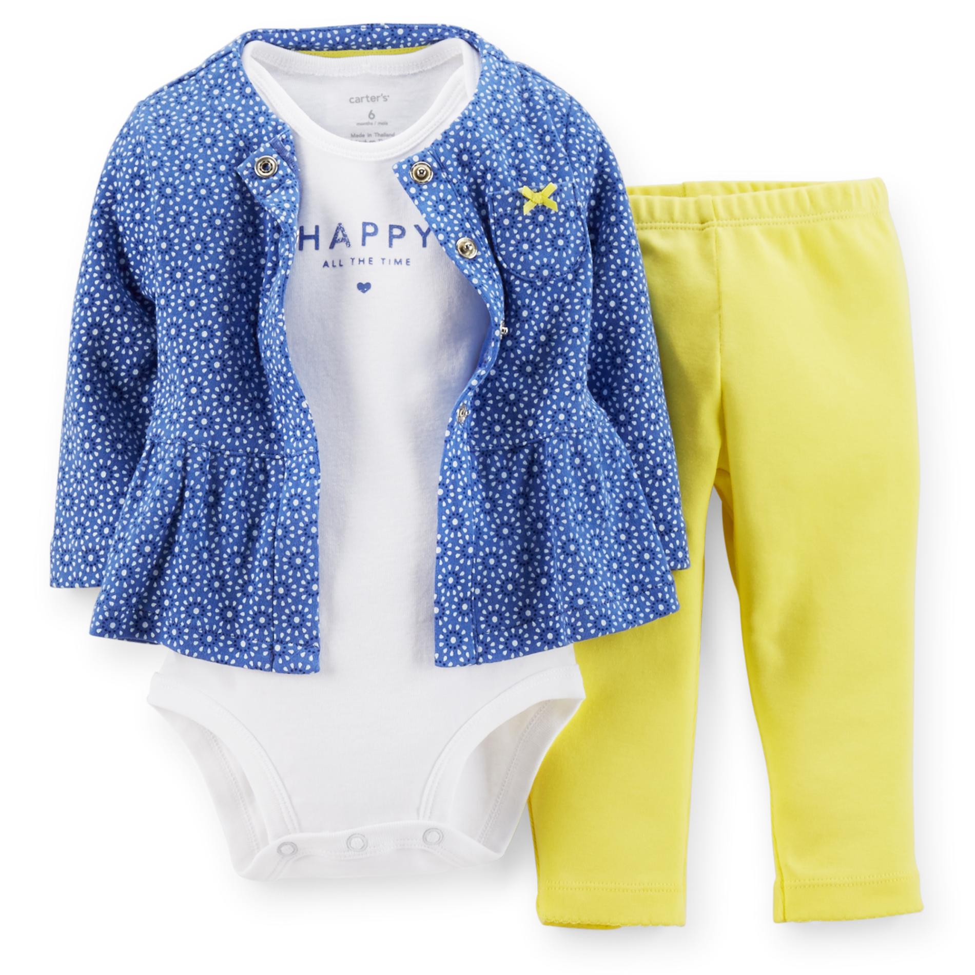 Carter's Newborn & Infant Girl's Cardigan  Bodysuit & Pants - Happy